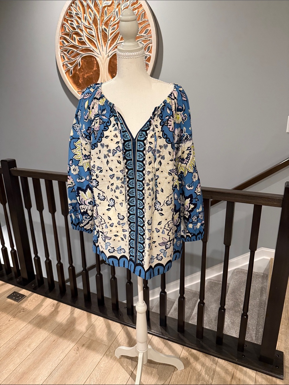 Lane Bryant Blue & Cream Floral Peasant Tunic
